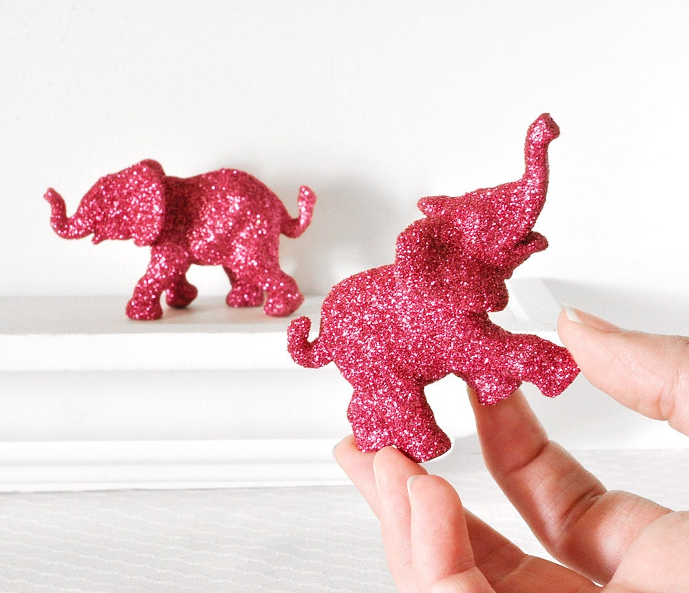 Hot Pink Elephants Jungle Safari Baby Shower Decorations in Magenta Glitter for Wedding Table Settings, or Fuchsia Girly Girl Nursery Decor