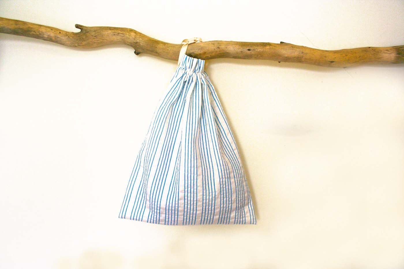 Gift Bag - White and Blue Seersucker Stripe- Hand Crafted from Salvaged Fabrics