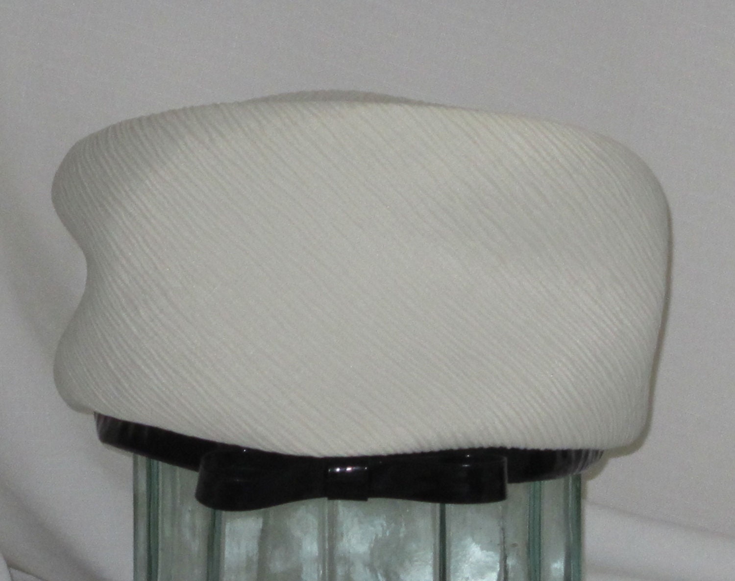 White Crepe Pill Box Hat Thin Black Patent Leather Bow