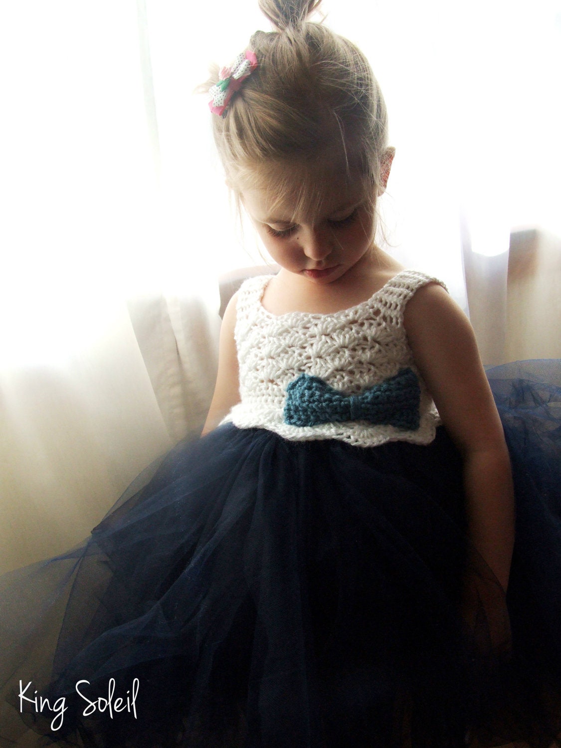 Flower Girl Tutu Dress Crochet Bodice Nautical Navy Blue and White with Crochet Bow Toddler Size 4 to Child Size 8