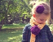Children's Crochet Lariat Rose Scarf and Peruvian Wool Rose Hair Clip Set Mustard Yellow Cotton and Eggplant Aubergine Purple