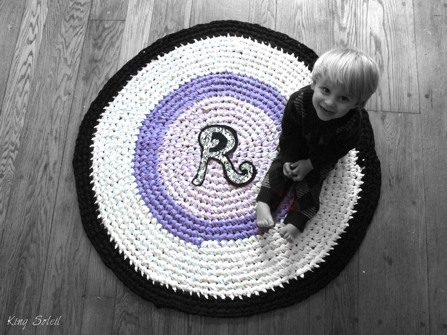 Crochet Monogram Rug Custom Initial and Colors Lavender, Black, and White Cotton Handmade Nursery Rug