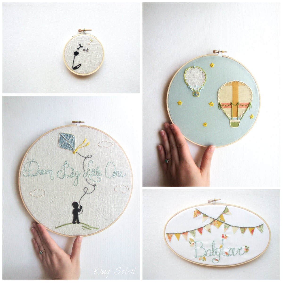 Custom Nursery Art Embroidery Hoop Set Wall Art Upcycled Fabric Design your Own One of a Kind as featured on Kid Style File