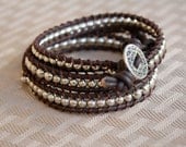 Woven Leather Bracelet - SIlver and Brown Leather Triple Wrap with Button Clasp, Adjustable, Anklet, Necklace, 3 in 1