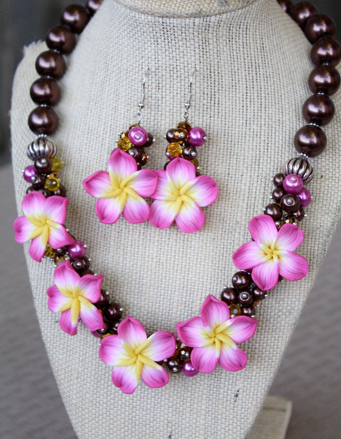Pink and Brown Necklace - Hot Pink Flowers, Brown Pearls, Earrings included