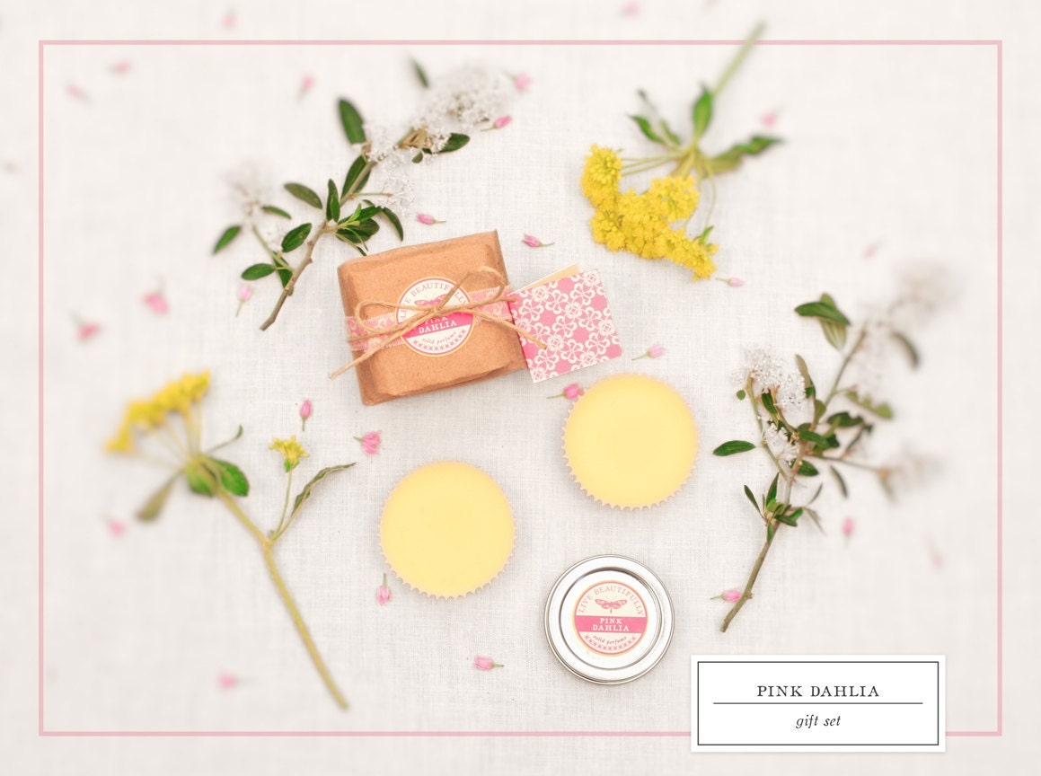 Perfume, Lotion Bars - Gift Set, Pink Dahlia - Bright Floral and Fresh Lemon - All Natural