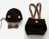 Crochet Newborn Baby Boy Photo Prop Set Dark Brown Diaper Cover Newsboy Light Brown Dark Brown Hat Suspenders Bowtie