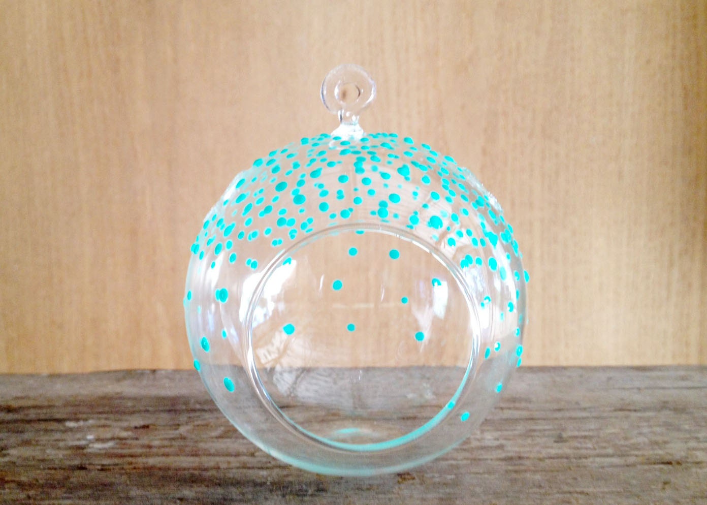 Teal, hand painted hanging glass terrarium. Just add your air plant. Cute desk accessory.