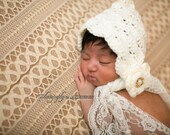 newborn photography prop-baby shower gift-girl shell pixie bonnet-vintage style cream white-princess hat