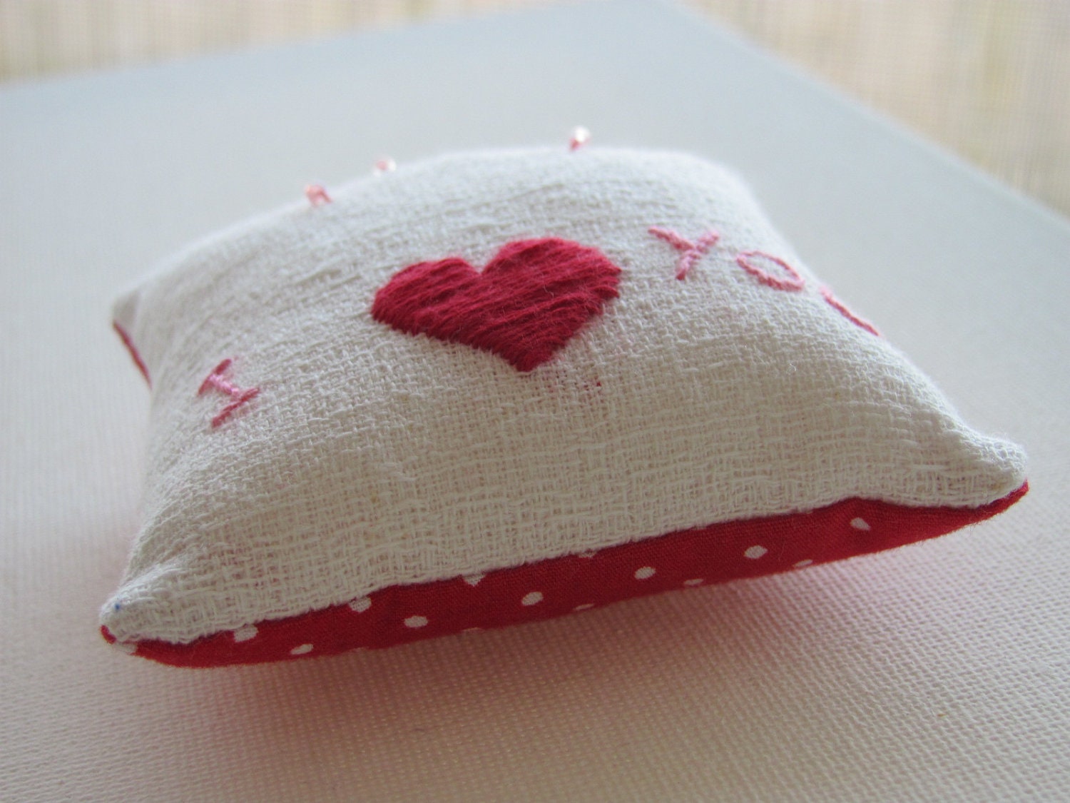 Embroidered red heart I love you pin cushion