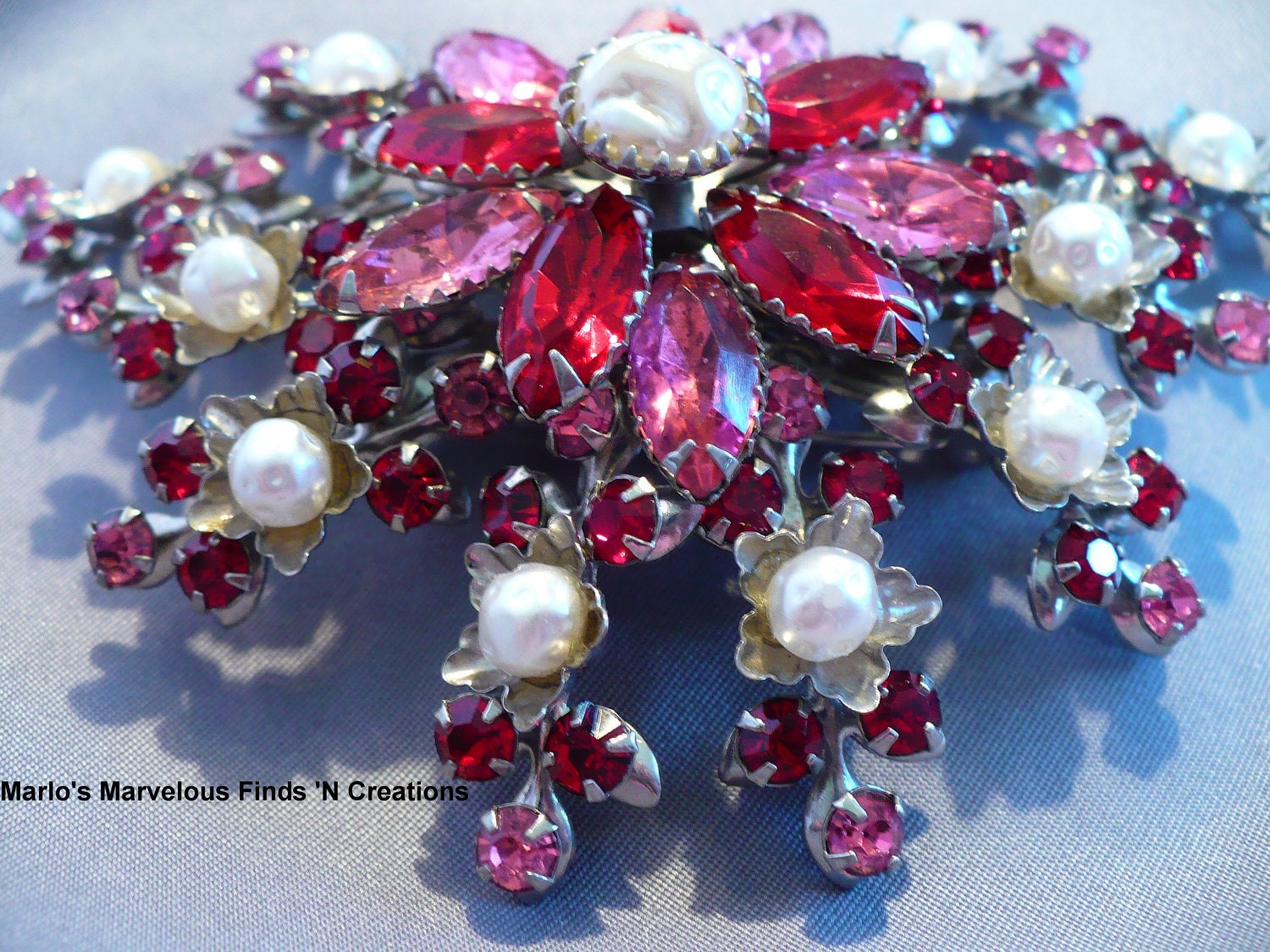 Designer Judy Lee Pink Rhinestone, Pearl Brooch/Pin - Book Piece