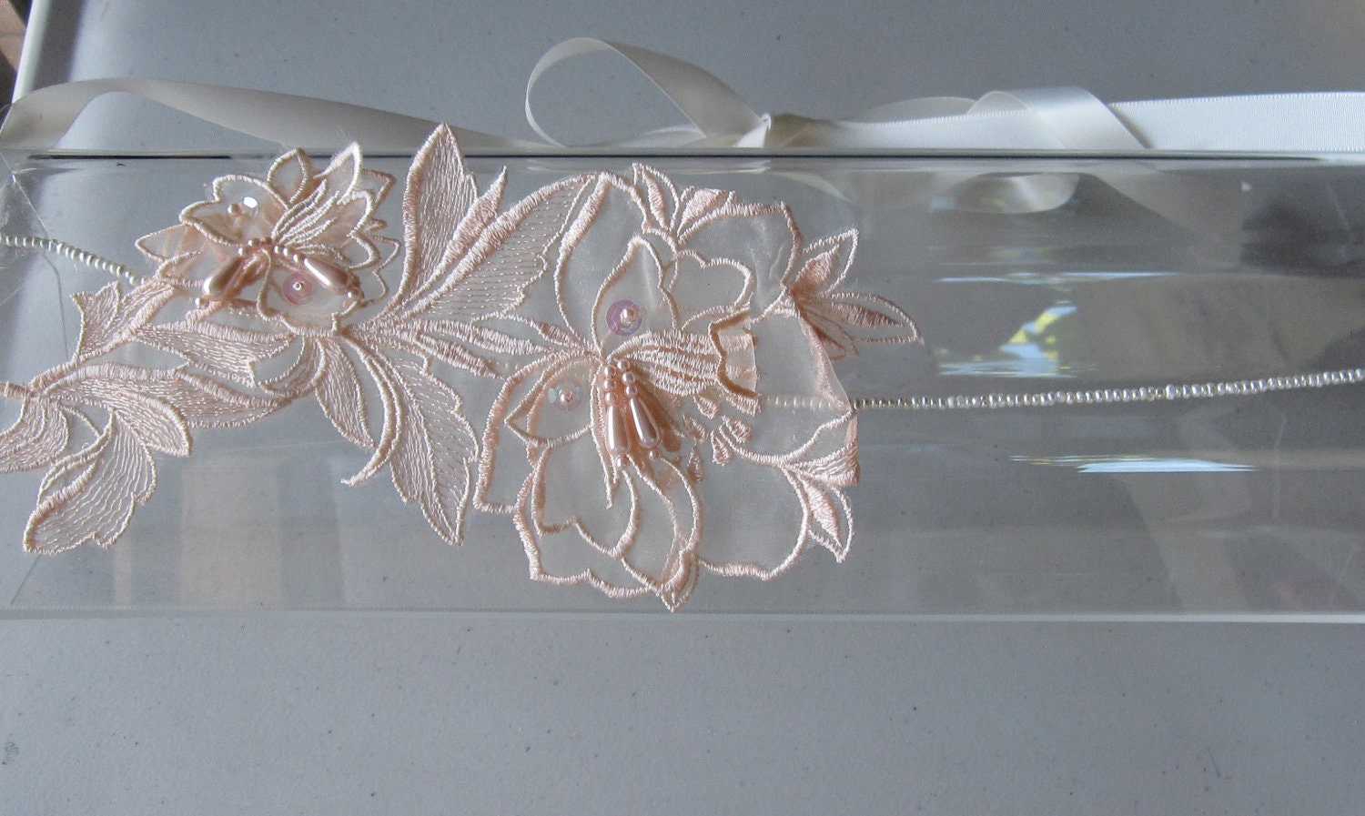 Peachy Pink Beaded Flower Pearl Halo Headband with Ivory Satin Ribbon Tie, for Bridal, weddings, bridesmaid, parties, special occasions