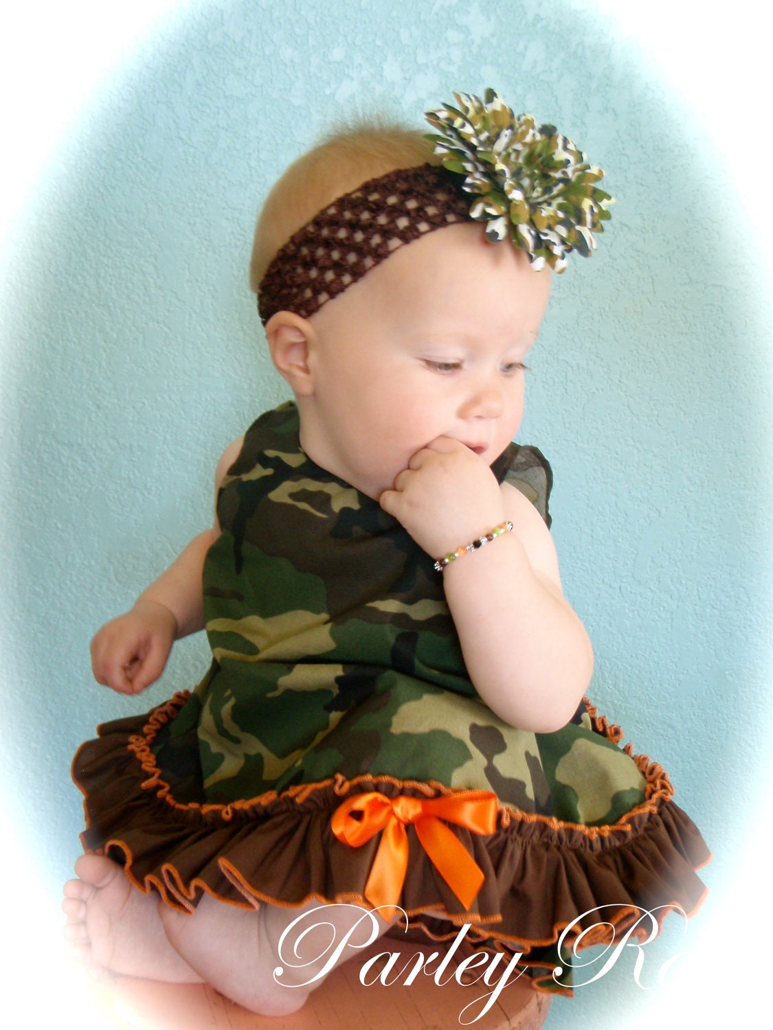 Beautiful Parley Ray Daddy's Girl Camo Pinafore Dress with Ruffled Baby Bloomers/ Diaper Cover Pageants Photo Prop Hunter Orange
