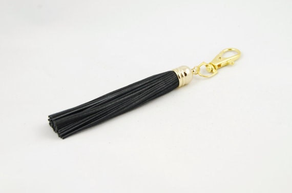 Black Leather Tassel Key Chain, Gold