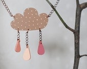 hand painted necklace - wooden cloud with drops, brown & pink, rain, raining cloud, pendant, hand painted jewelry, hand painted pendant - anamarko