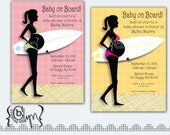 Pregnant Surfer Girl baby shower invitation with plaid design