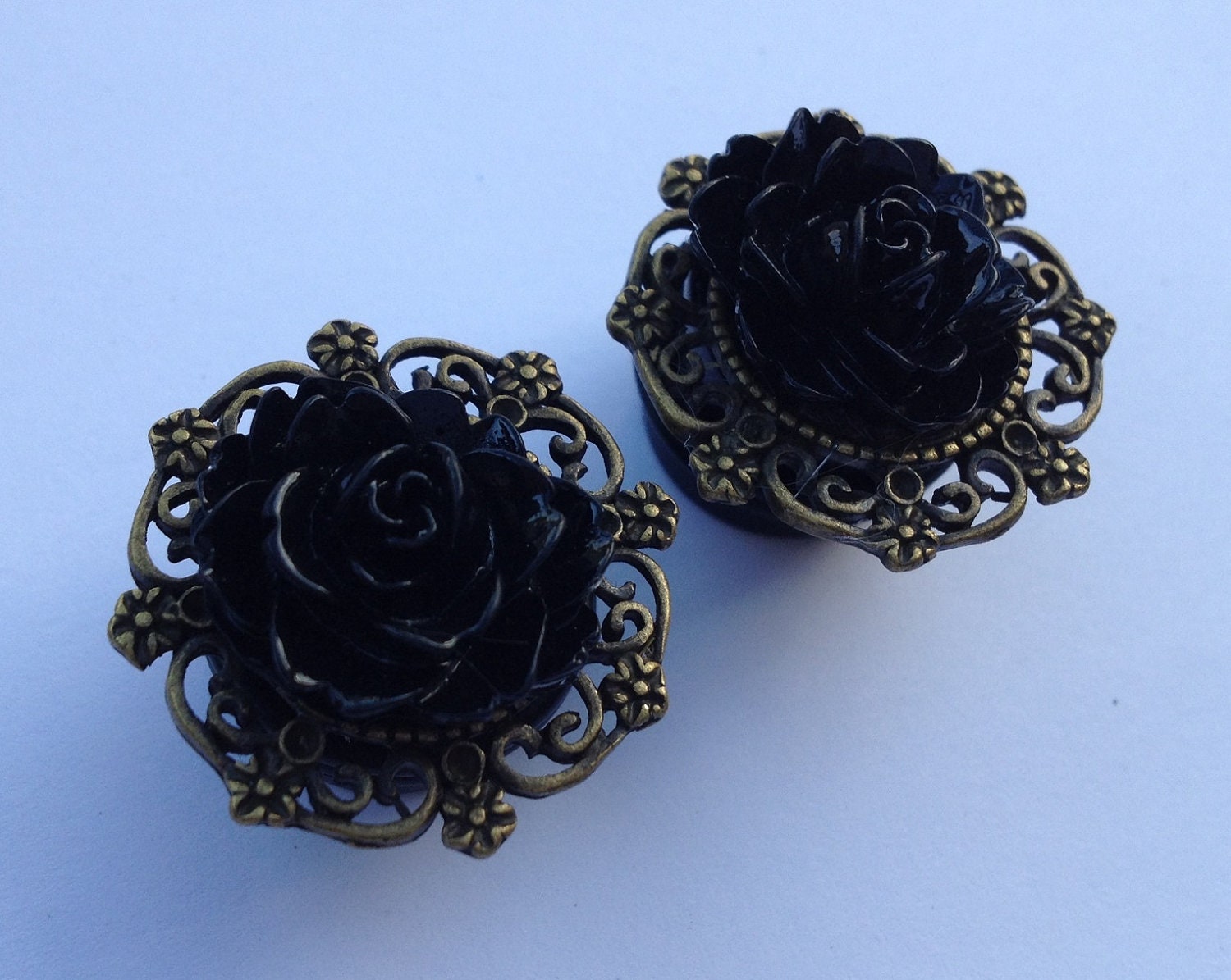 PICK SIZE  black rose antique broze Custom Plug earrings Rockabilly psychobilly pinup plugs 