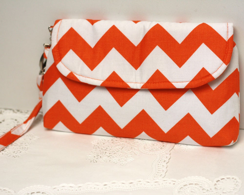 Tangerine Orange Chevron Clutch Purse with detachable wristlet strap
