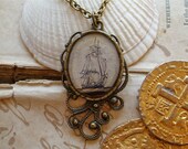 Pirate Ship Necklace - High Seas Antique Nautical Print Pendant W/ Chain in Brass - Pirate Jewelry - Beach 