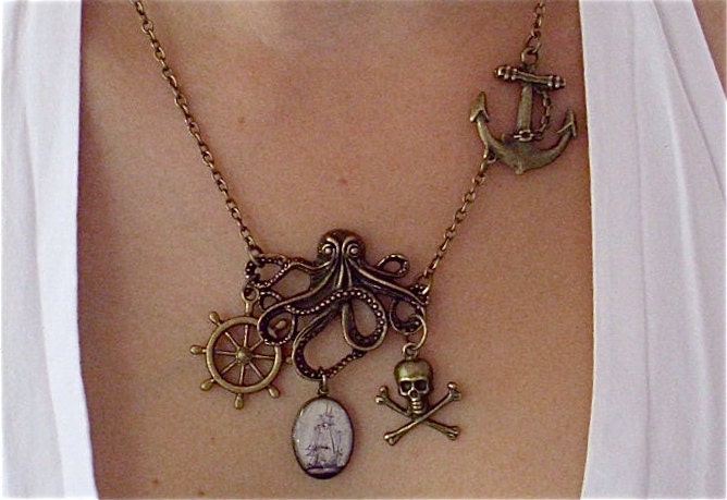 Leviathan - Octopus Necklace - Anchor, Pirate Ship, Helm, Jolly Rodger / Skull and Crossbones - Nautical Charm Necklace Pirate Jewelry - TheLysineContingency