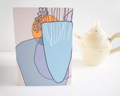 Blue Vase & Flowers Greeting Card Fine Art Giclee Print Semi Abstract Shapes in Blues, Soft Purples, Orange