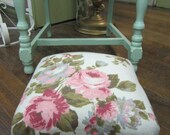 Hand Crafted Vintage Wooden Stool...Pink Roses Bark Cloth Fabric...Shabby White Bun Feet