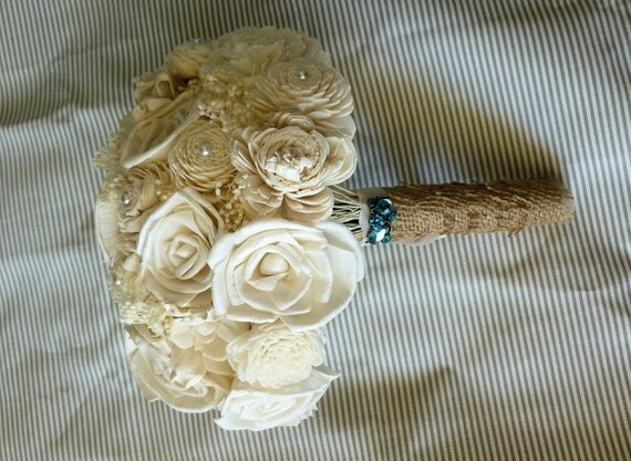 Custom Handmade Wedding Bouquet - Ivory Burlap Bridal Bouquet Keepsake Bouquet Destination Wedding Shabby Chic Rustic Wedding