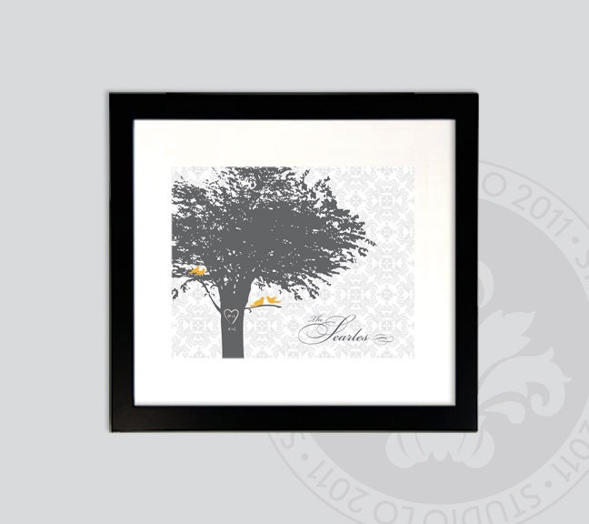 FAMILY TREE PRINT // 13x19 // Wedding or 1st Anniversary Gift. Love birds in the tree. StudioLO2011