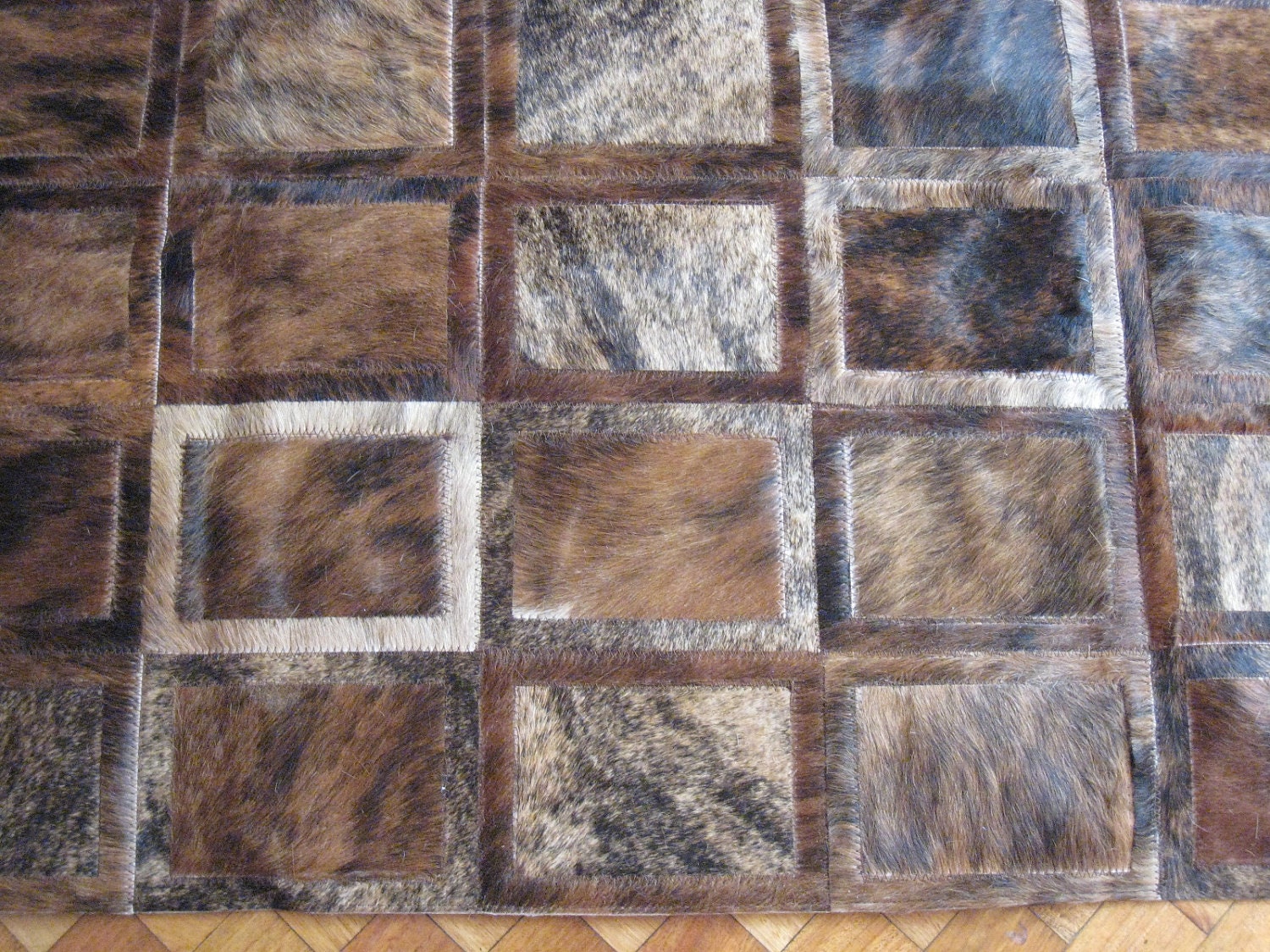 LIFESTYLE by Cara  --  Brown Brindle Custom Cowhide Patchwork Rug Cow Hide Leather Hairhide Carpet