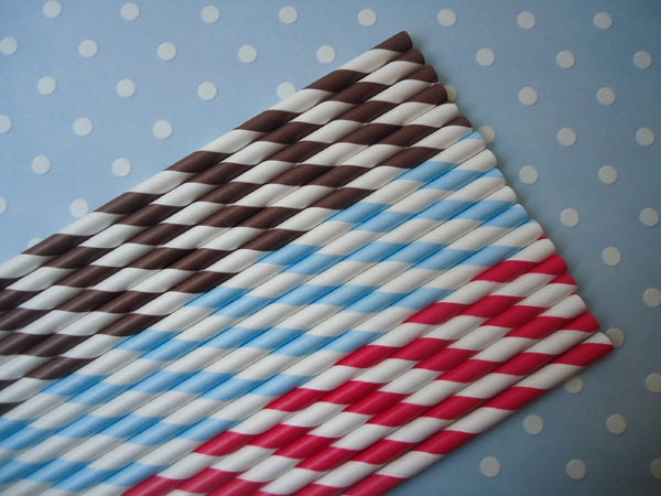 Paper Straws - Sock Monkey - Pale Blue, Red and Brown Striped Straws (30) - Includes Printable Flags - SALE - SAVE 15%