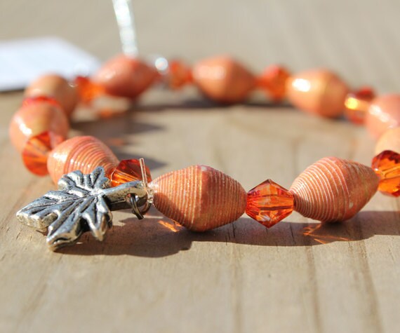 Paper Bead Bracelet Jewelry - Orange with Leaf Charm Il_570xn