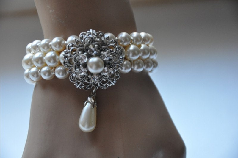 Bridal Cuff Bracelet,Swarovski Pearl Bracelet,Vintage Style Bracelet,Antique Silver,Multi Strand Bracelet,Wedding Bracelet,IVORY