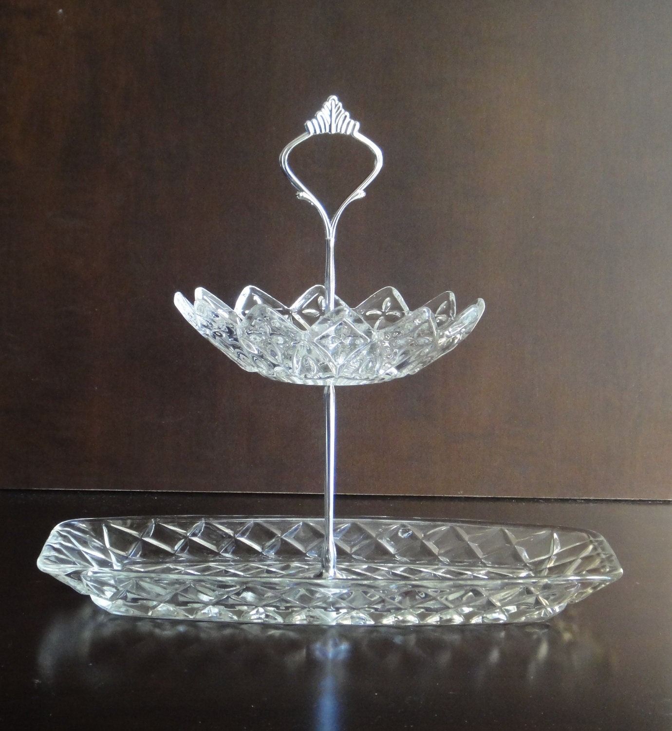 2 tier Tea Stand / tiered jewellery stand / Vintage Glass Star Bowl Diamond cut