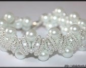 White bridal glass pearl bracelet decorated with silver lined seed beads wedding cuff elegant bridal accessory