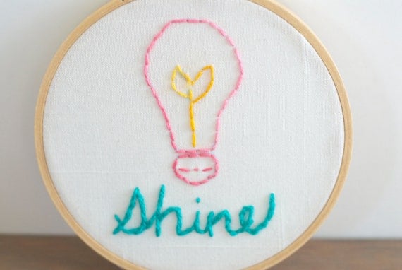 Let the Light Shine: Embroidery hoop art in yellow, teal, and pink, inspirational, 5"