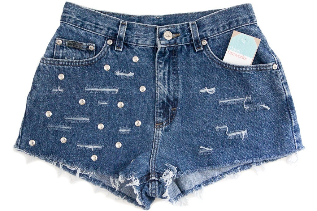 Studded Shorts Vintage Distressed High Waisted Blue Denim Hipster Boho Hippie Upcycled Lee Levi Silver Cut Off Blue W28