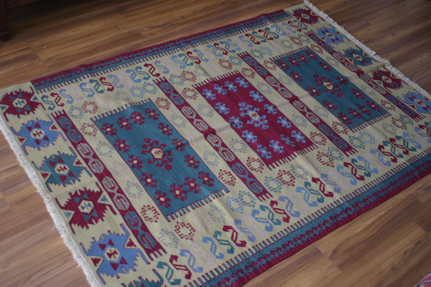 FAST Shipment with FEDEX (1-3 Days),Yuner ,Antique  Kilim Rug, Decorative Rug,75 years old, yellow,white,color riot,84,8X58,8 inch