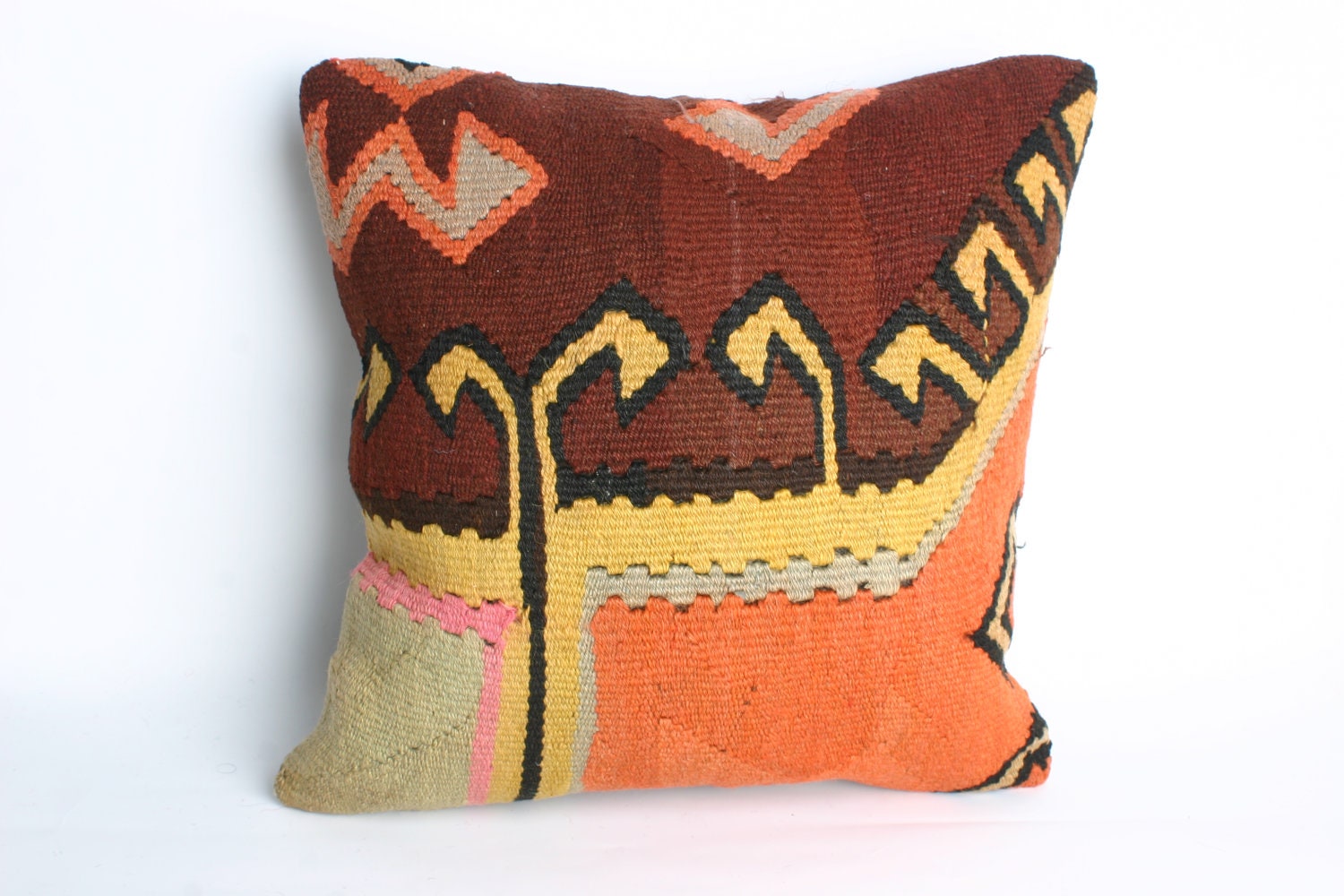 FAST Shipment with FEDEX (1-3 Days). Yuner/Turks Handmade Kilim  Pillow ,High Quality  Decorative Pillow, orange,brown,yellow - 16x16 inch