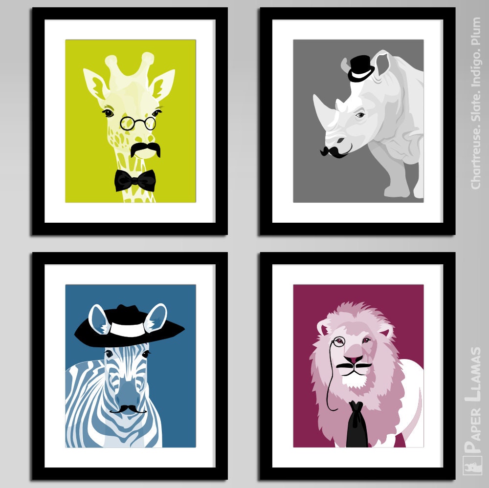Nursery art - childrens art, Jungle animals with Mustaches ,set of 4, funny kids art, silly animals rhino giraffe zebra lion