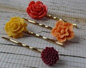Summer Heat Bobby Pins Set - Four Pieces Gold Plated Bobby Pins with Red, Orange, Yellow and Burgundy Floral Cabochons