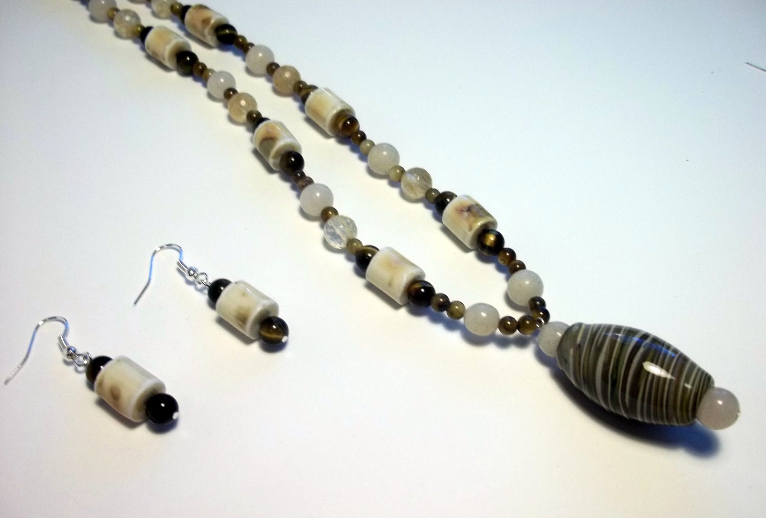 Beaded Earrings, Ceramic and Tigers Eye Earrings, One of a Kind and Ready for Shipping.