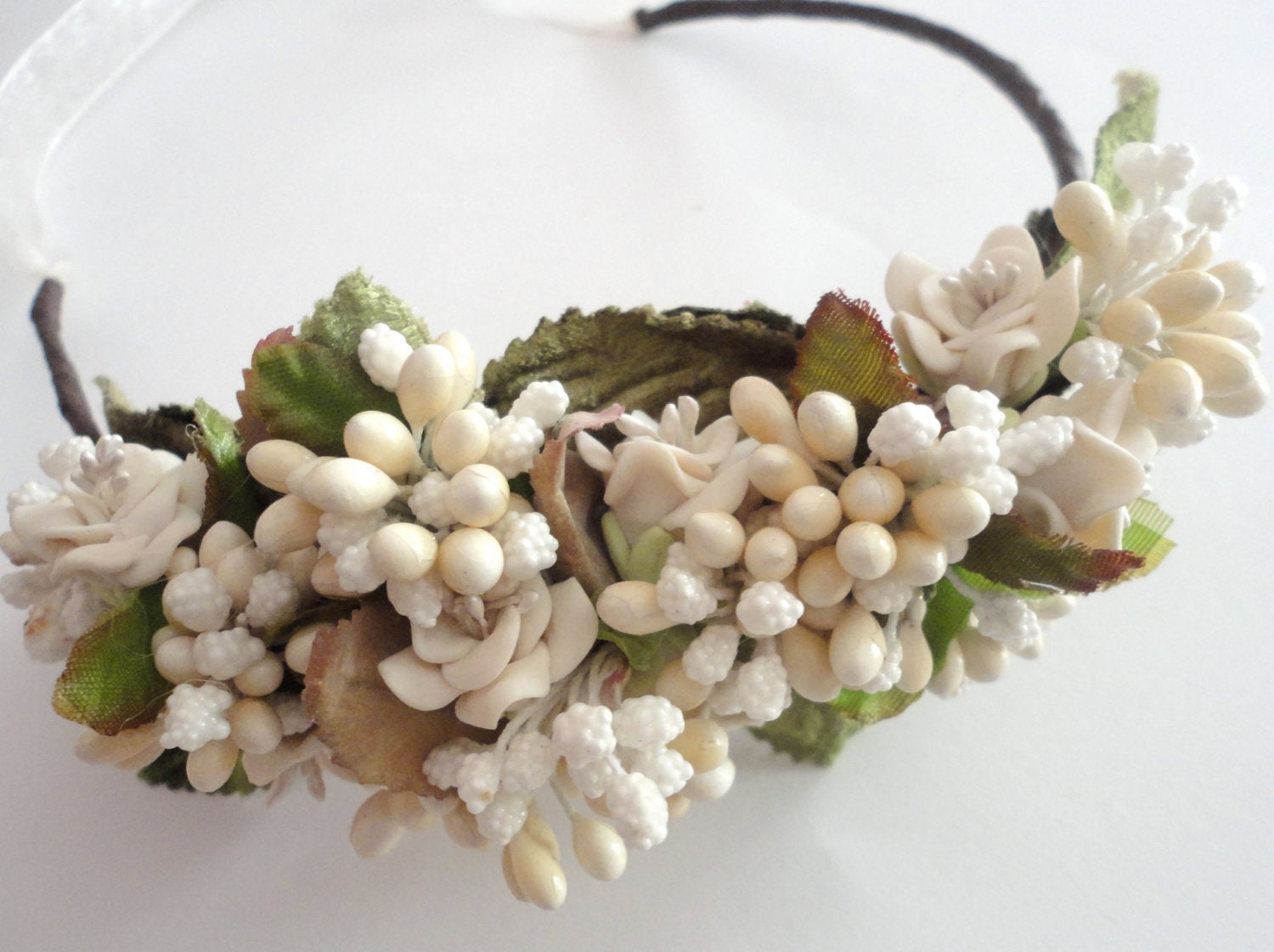 Ivory White Bridal Head Band, Hair Wreath Fascinator
