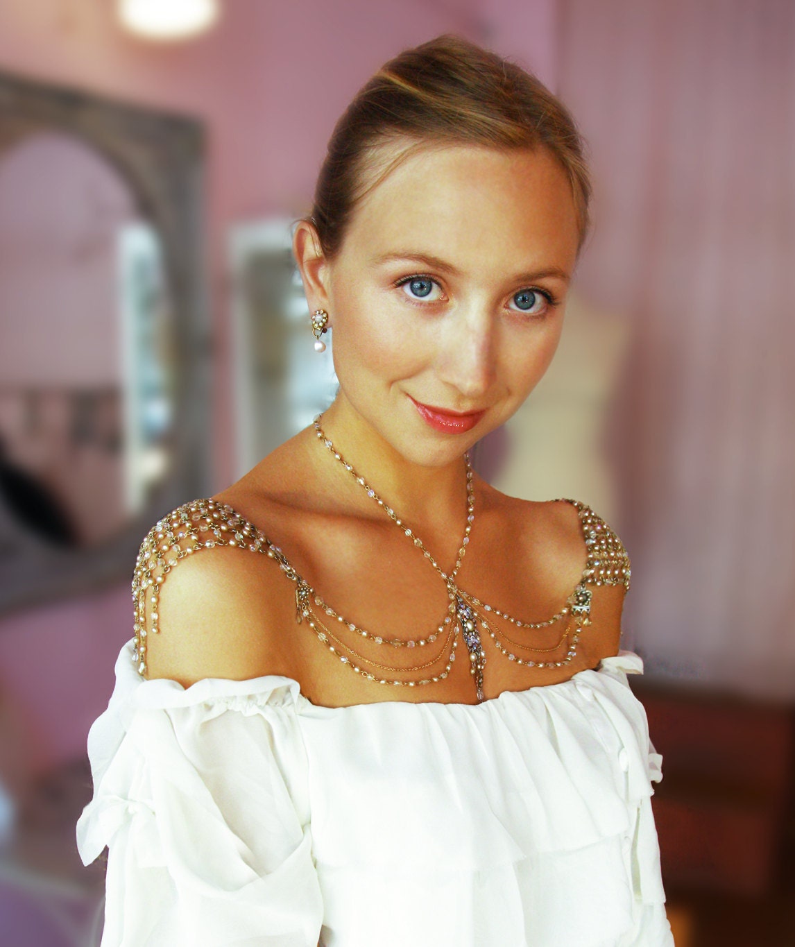 Bridal Jewelry,Wedding Jewelry,Necklace For The Shoulders,1920s,Beaded Pearls,Rhinestone,Antique Gold,OOAK,Made To ORDER