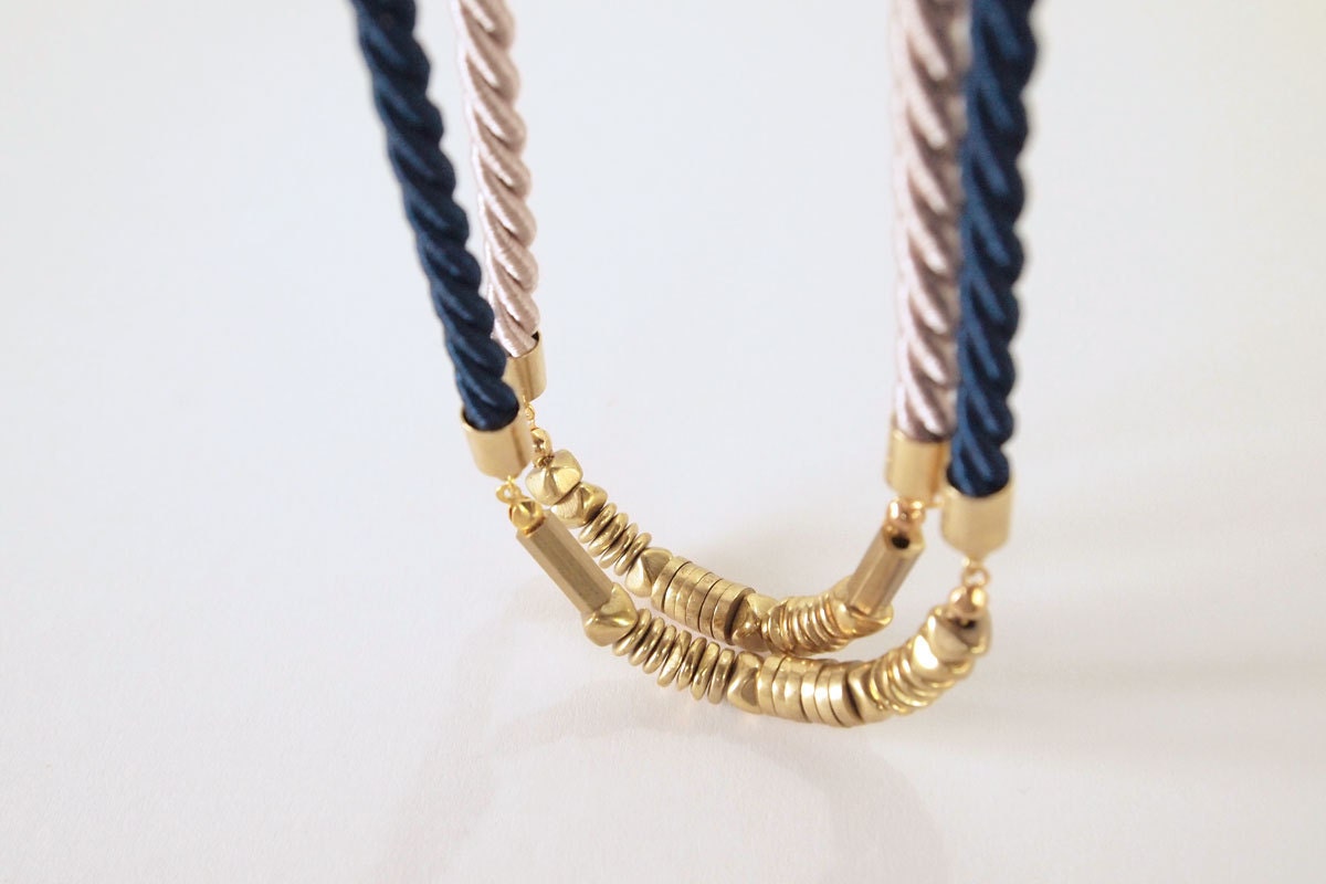 Rope Necklace : Spring Jewelry - Rope Cord with Mixed Brass Beads in Mauve or Navy, Gifts for her