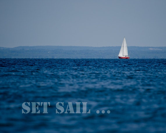Sailboat Photograph 8x10, Blue Lake Photography, Nautical Home Decor, Sailing Typography Wall Art, Summer Photo, Beach Print