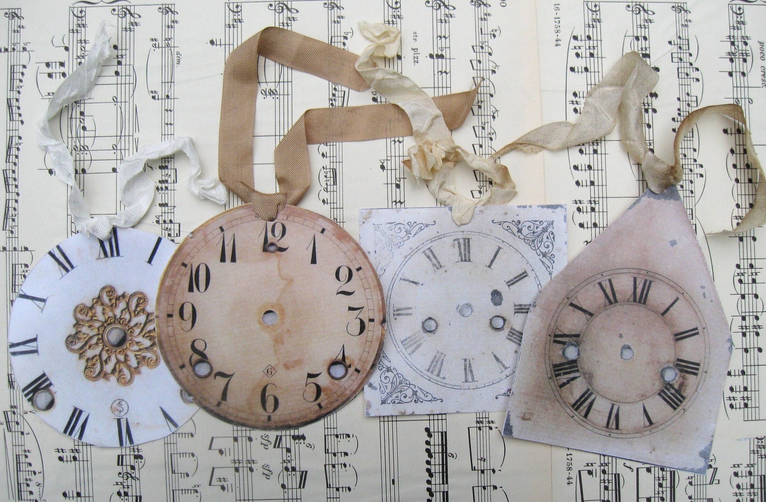 Vintage Clock, All Occasion Gift Tags, Large Clock Face Hang Tags, Set of Four, Gift Wrap, Paper Goods