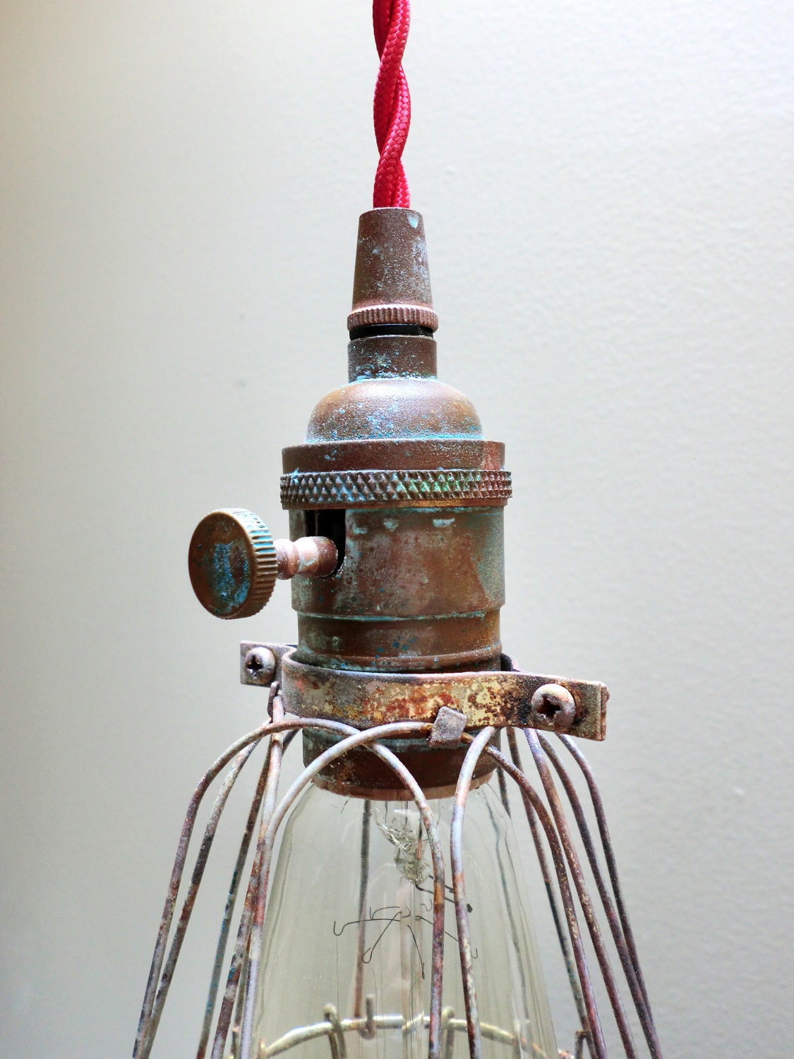Industrial BRASS PATINA Cage Light - Edison Pendant Light Fixture, 12' Red Twisted Cord, Plug-in