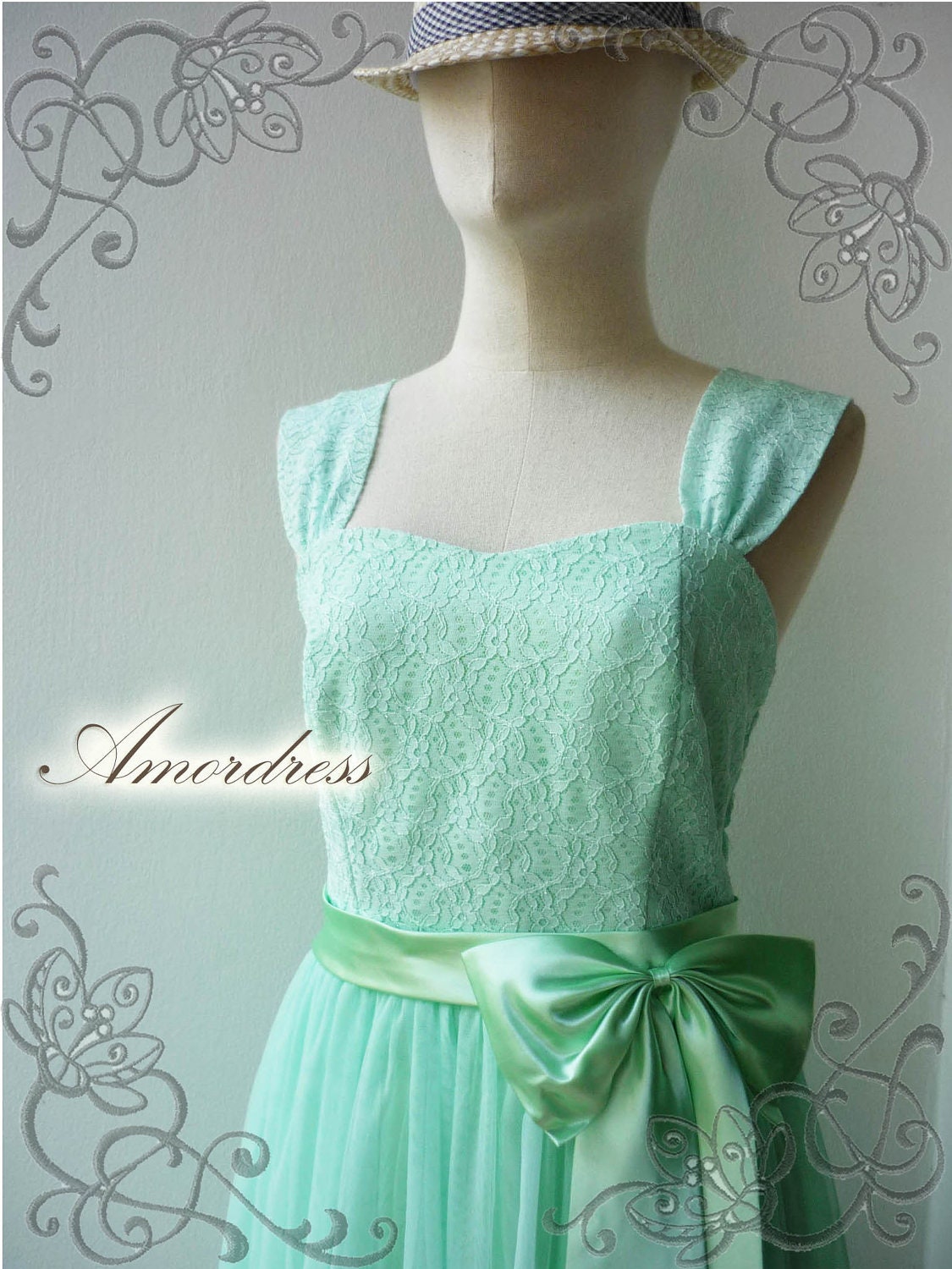 FREE SHIP TODAY--Amor Vintage Inspired- Princess Romance-Gorgeous Lace Dress in Green Shade for Wedding, Prom, Any -Fit S-M-