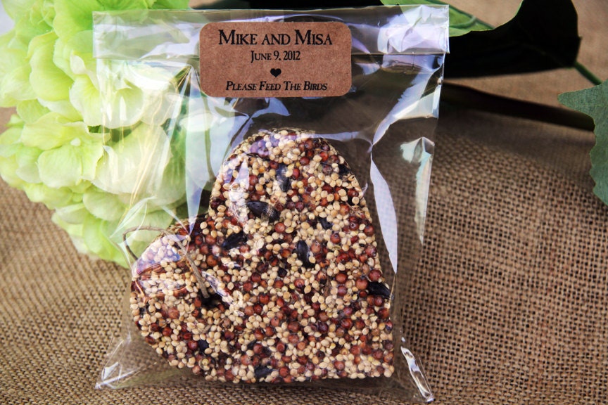 12 Personalized Jumbo Bird Seed Hearts in eco-friendly cello, eco friendly wedding favors