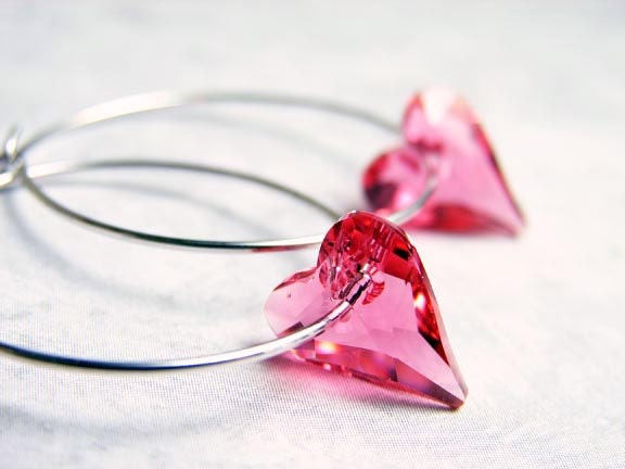 Pink Heart Hoop Earrings. Swarovski Heart Charm on Silver Plated Hoop. Valentines Day Gift. Heart Earrings
